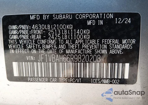 2024 Subaru Wrx Premium из США, поврежденный, VIN JF1VBAH66R9820208